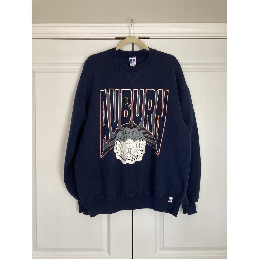 Vintage Auburn Sweatshirt Size XL Navy Spellout War Eagle USA Made Russell Logo